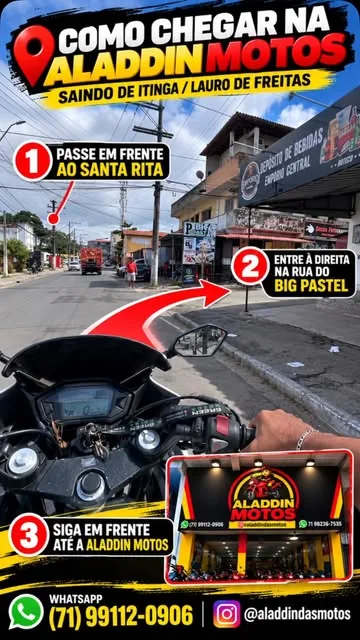 Mapa ilustrado de como chegar na Aladdin Motos saindo de Itinga, Lauro de Freitas